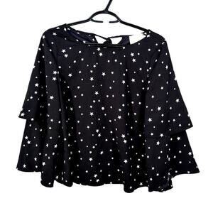 JOA J.O.A. BLACK STAR PRINT BELL RUFFLE SLEEVE BLOUSE SHIRT SZ S